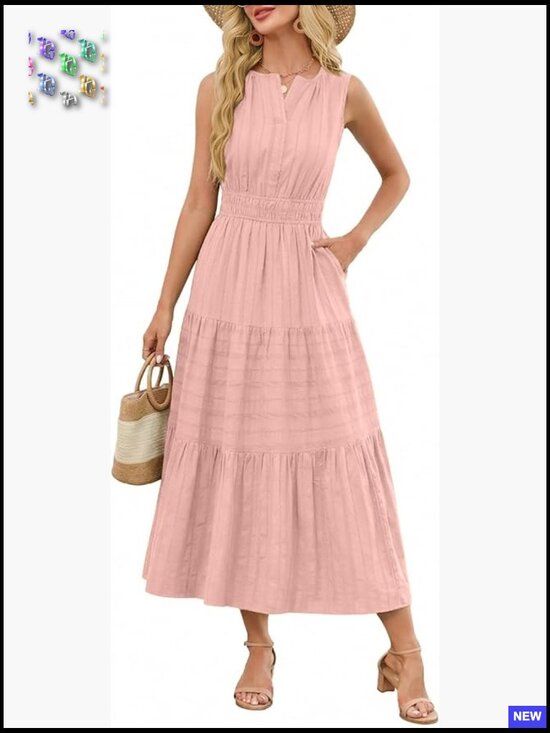 Sleeveless V-Neck Maxi Dress Elastic Waist Casual Boho Wedding Guest Beach